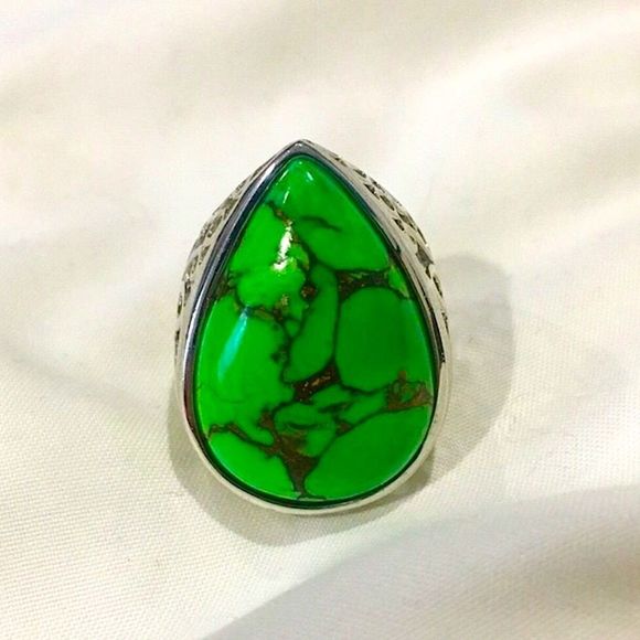 Green Turquoise Copper Infused Sterling Silver Open Work Ring Multiple Sizes - Picture 2 of 16